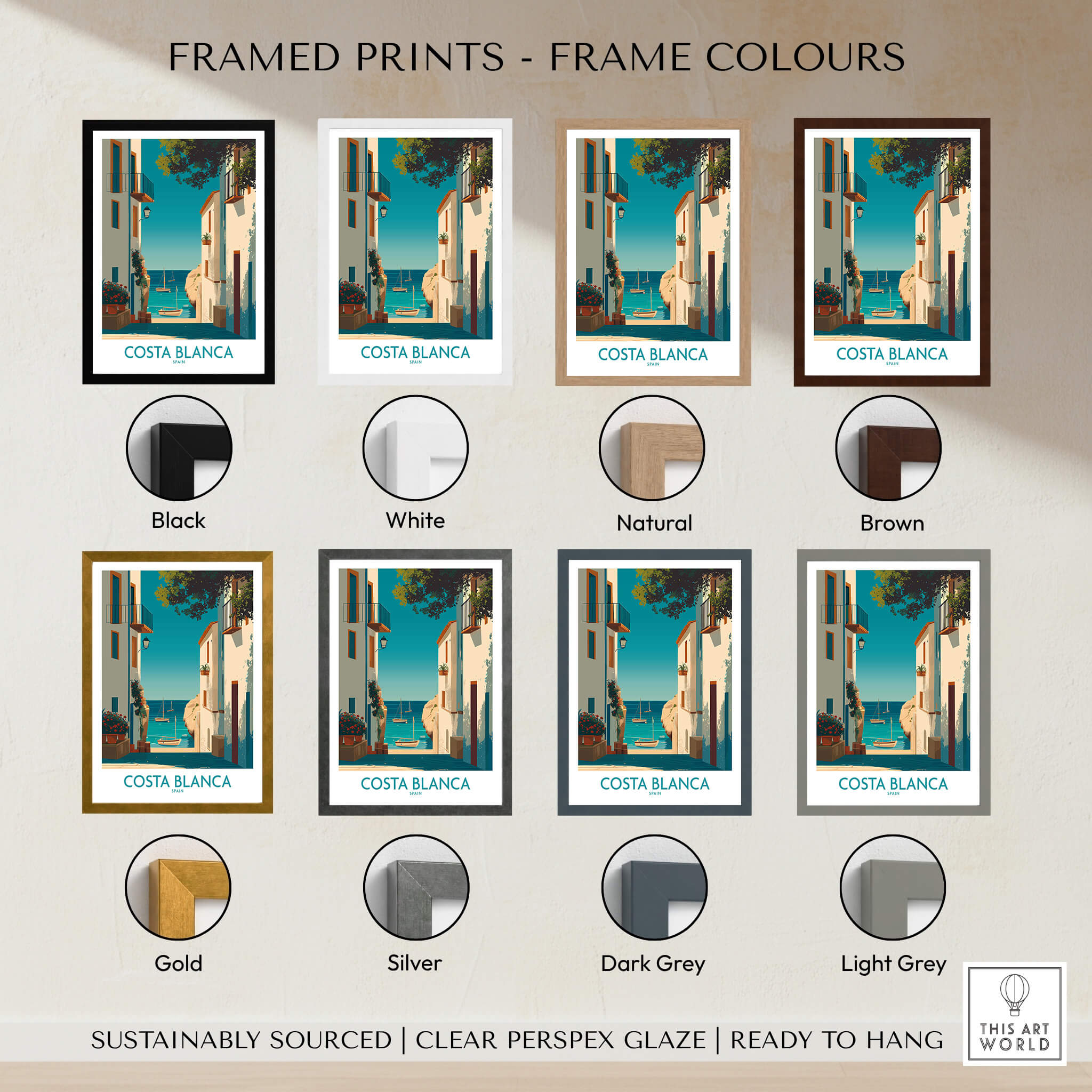 Costa Blanca Spain Wall Art Print - Spanish Village Artwork framed print options in various colors.
