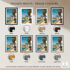 Costa Blanca Travel Poster - Spain Canvas Print framed in various colors like black, white, natural, and brown.