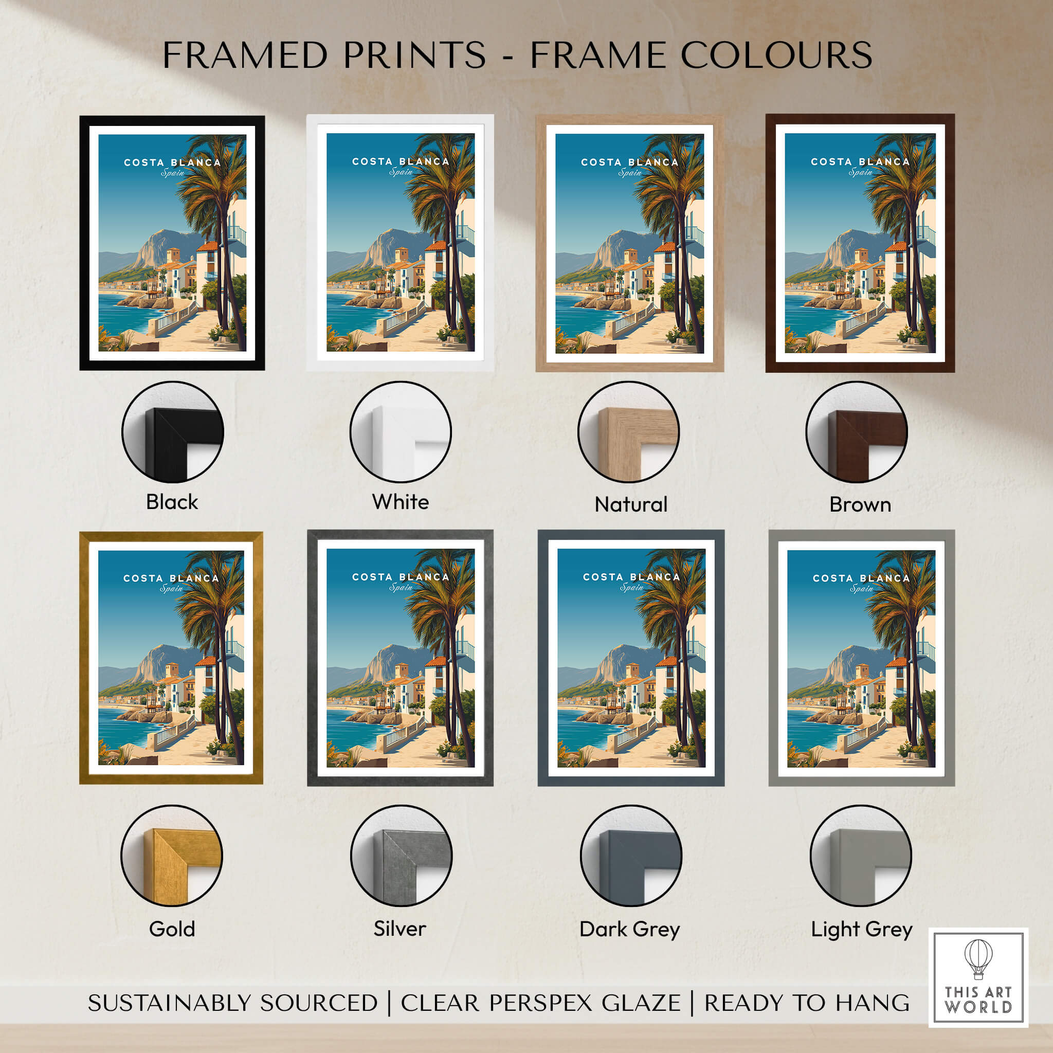 Costa Blanca Travel Poster - Spain Canvas Print framed in various colors like black, white, natural, and brown.