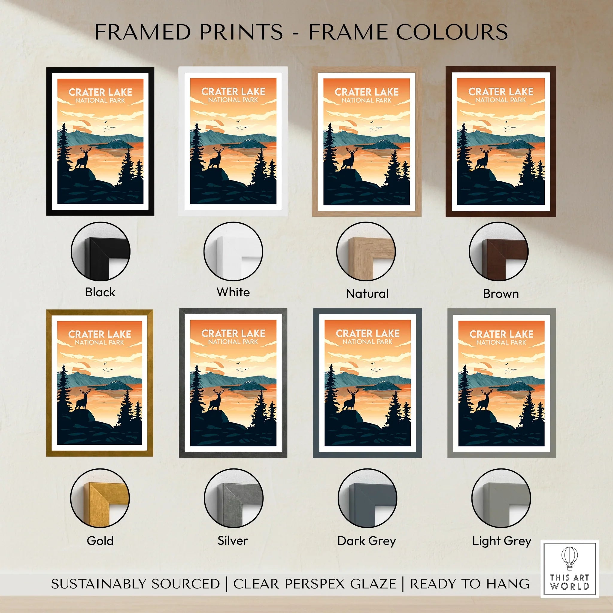 Crater Lake National Park art print in eight frame colors, sunset landscape with deer silhouette.