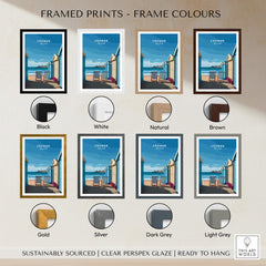 Cromer Travel Poster – Norfolk Beach Huts Art Print framed in various colors including black, white, natural, brown, gold, silver, dark grey, and light grey.