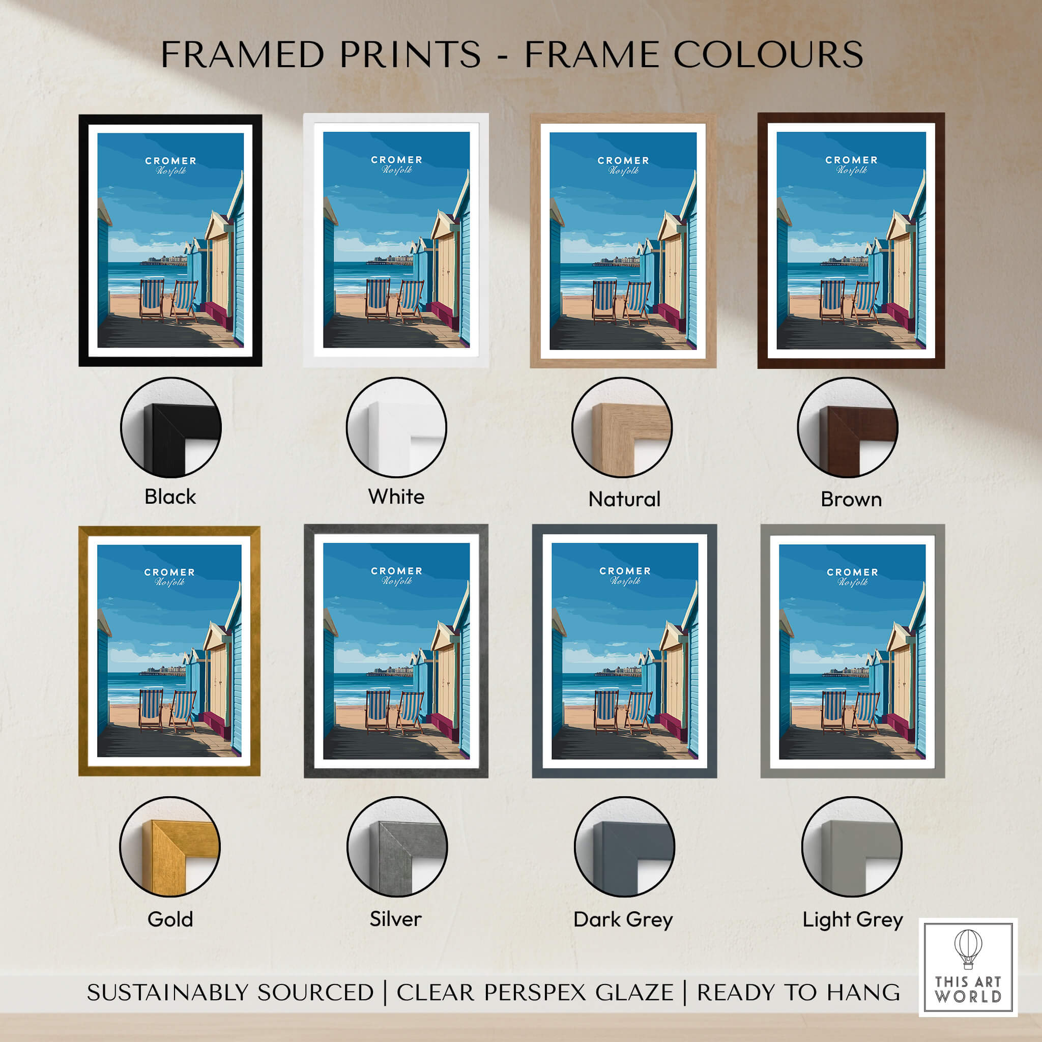 Cromer Travel Poster – Norfolk Beach Huts Art Print framed in various colors including black, white, natural, brown, gold, silver, dark grey, and light grey.