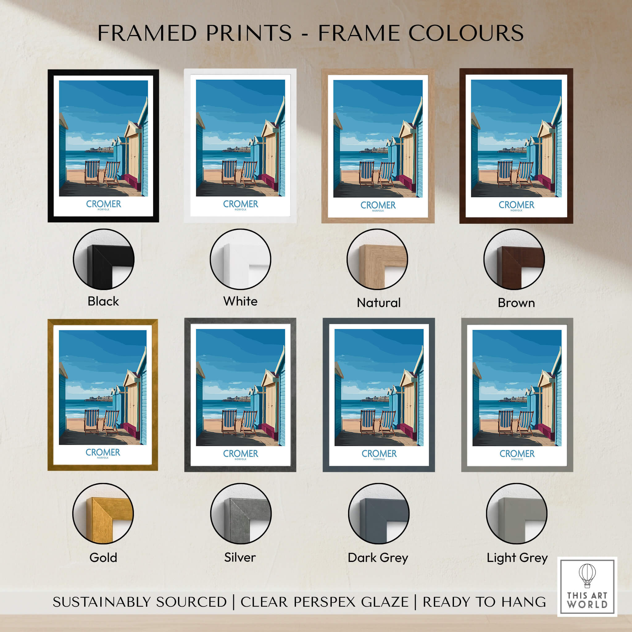 Cromer Norfolk Wall Art – British Seaside Coastline Landscape Print framed in various colors options including black, white, gold, and more.
