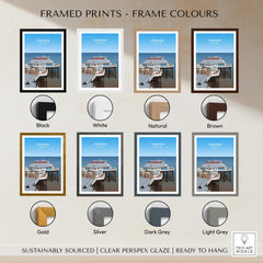 Cromer Travel Poster – Norfolk Pier & Pavilion Theatre Landmark Art framed prints with various frame colors.