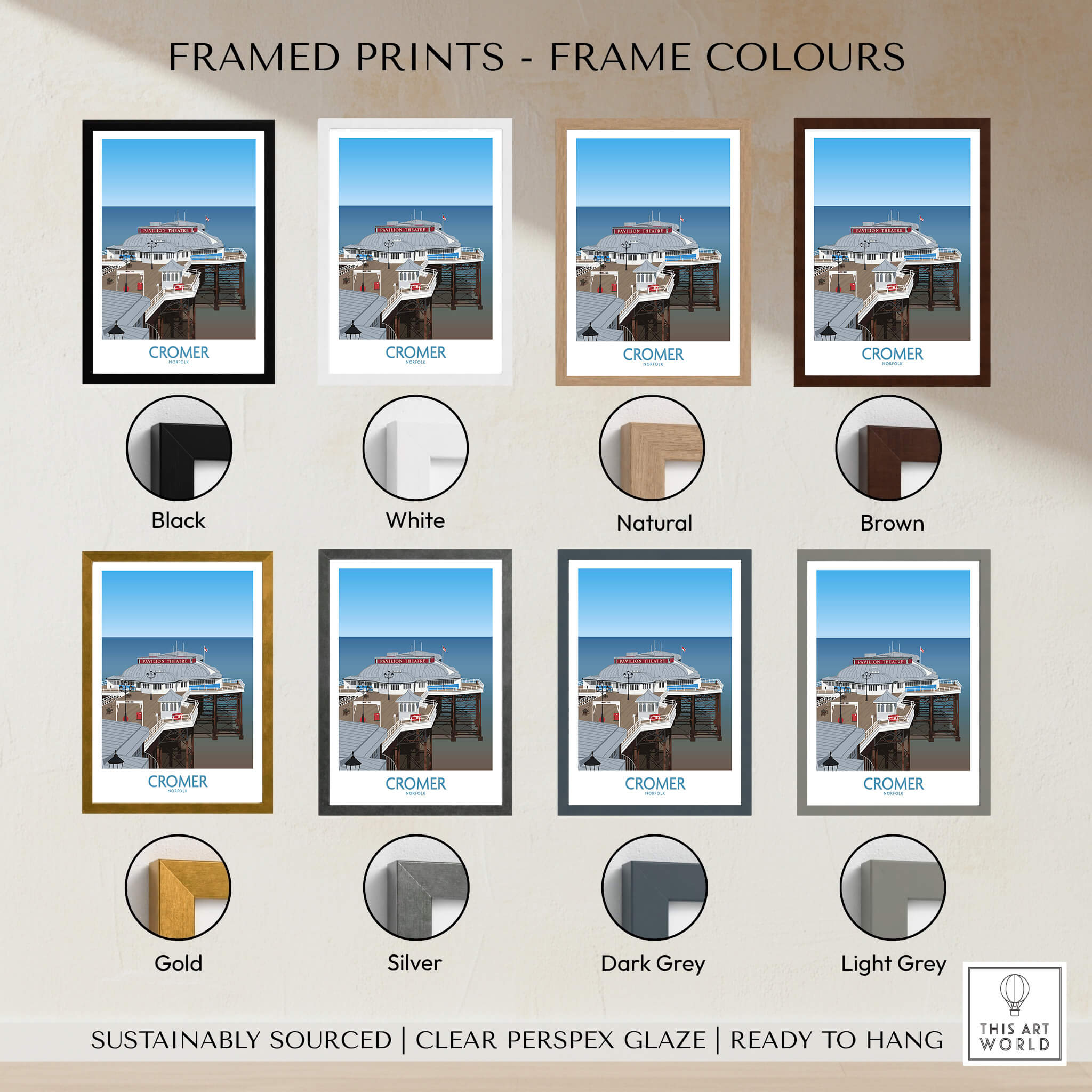 Cromer Norfolk Wall Art – Historic Seaside Pier Art Print framed in various colors including black, white, natural, brown, and gold.