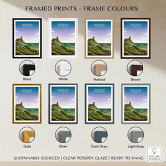 Dartmoor National Park art print shown in eight frame color options, including black, white, natural, brown, gold, silver, dark grey, and light grey.