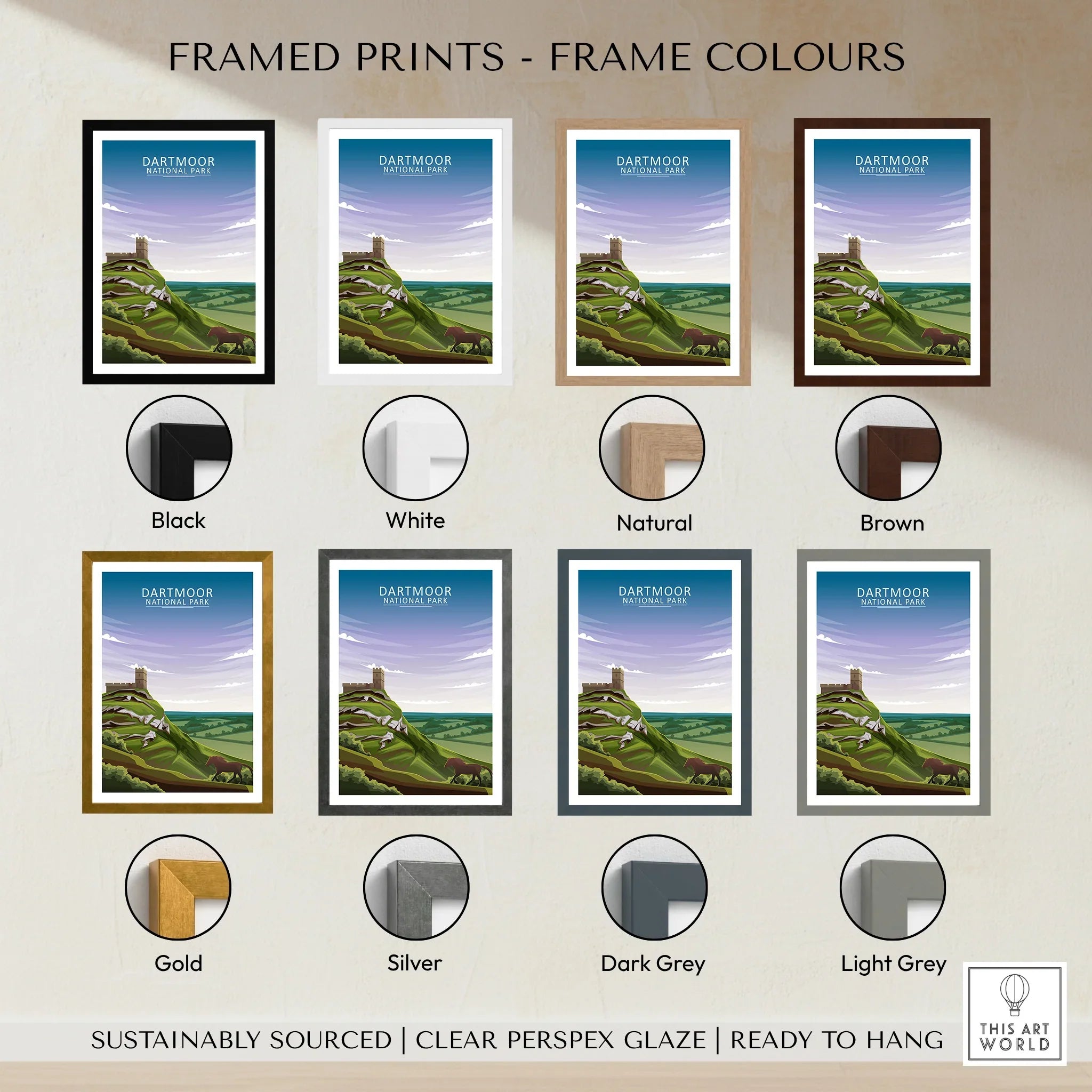 Dartmoor National Park art print shown in eight frame color options, including black, white, natural, brown, gold, silver, dark grey, and light grey.