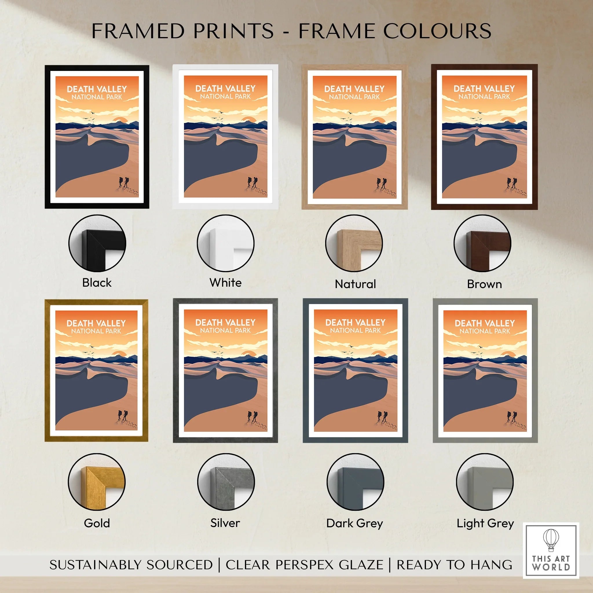 Death Valley National Park travel poster framed print, eight frame color options shown
