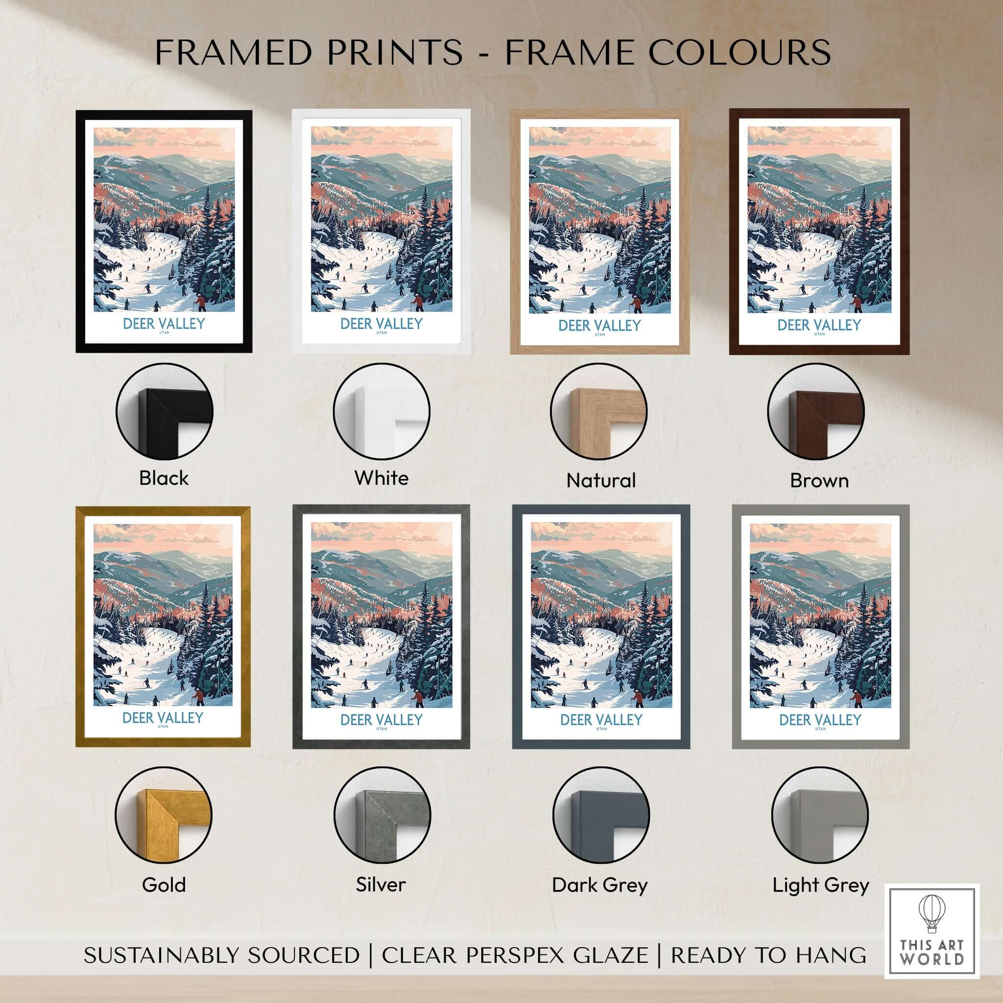 Framed Deer Valley Travel Poster - Utah in various frame colors including black, white, natural, brown, gold, silver, dark grey, light grey.