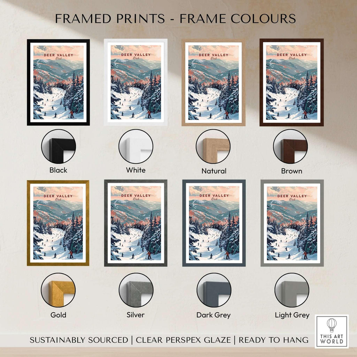 Deer Valley Ski Print - Utah framed prints in various frame colors including black, white, natural, brown, gold, silver, dark grey, light grey.