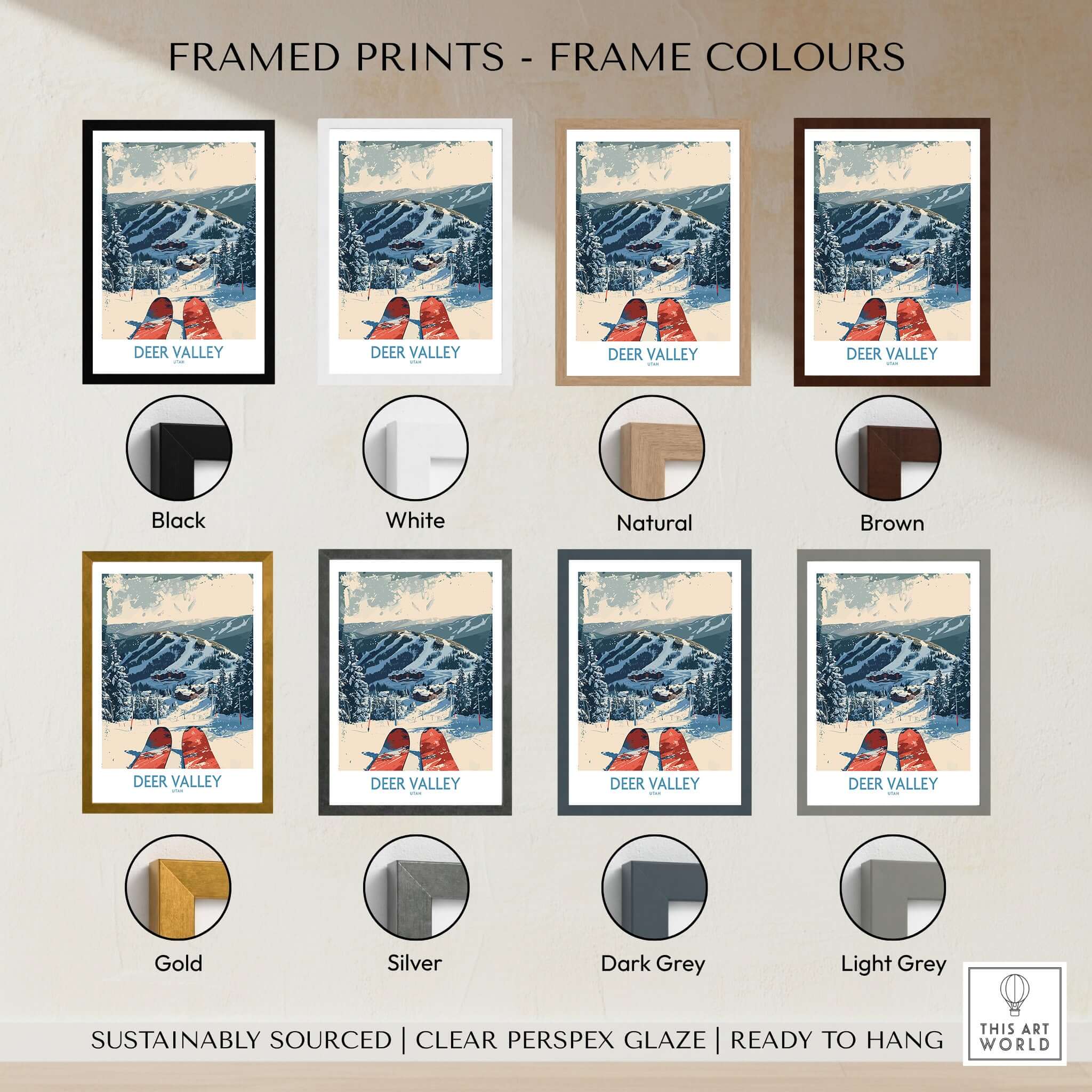 Deer Valley Wall Art options in various frame colors including black, white, natural, brown, gold, silver, dark grey, light grey.