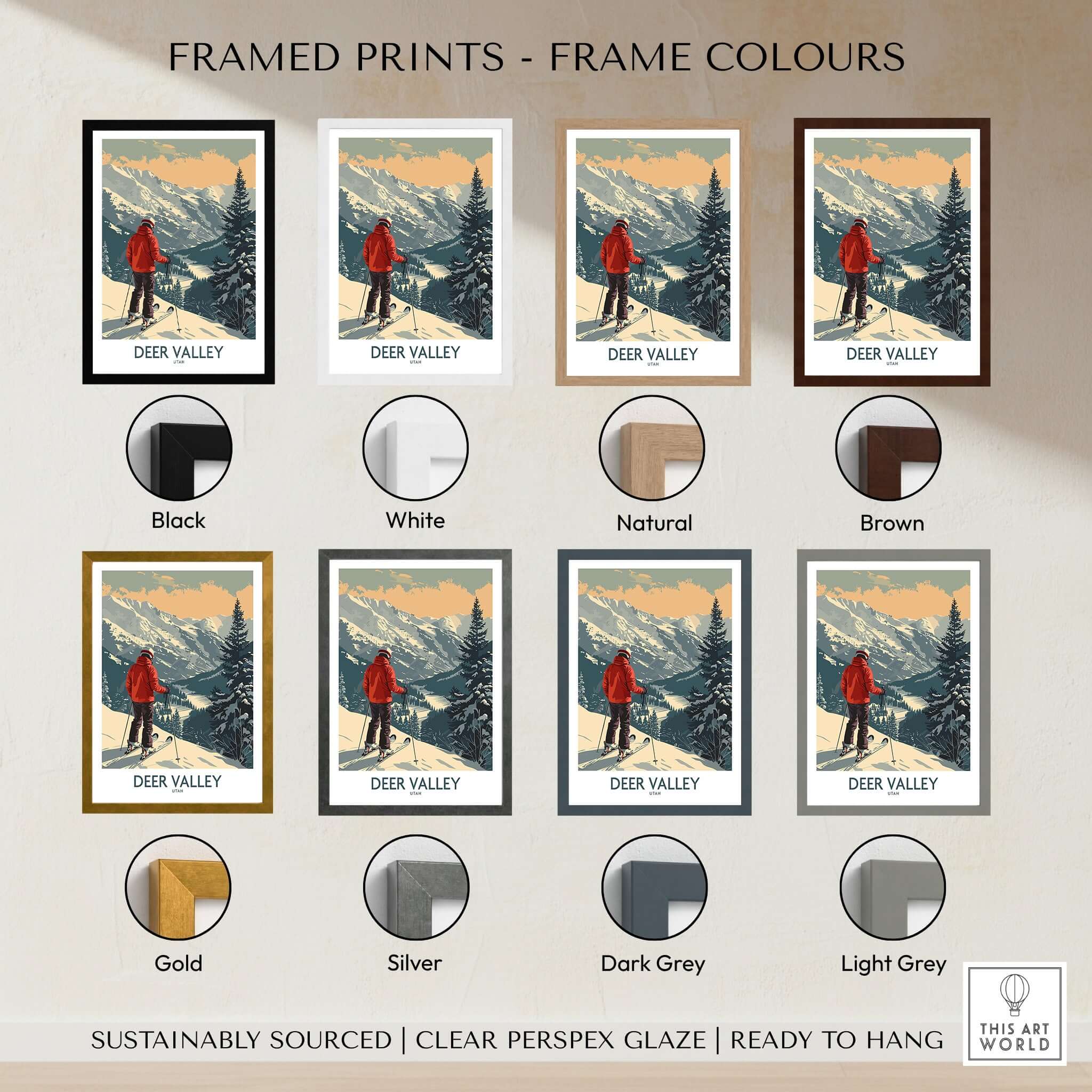 Framed prints of Deer Valley Poster Utah in various frame colors including black, white, natural, brown, gold, silver, dark grey, light grey.