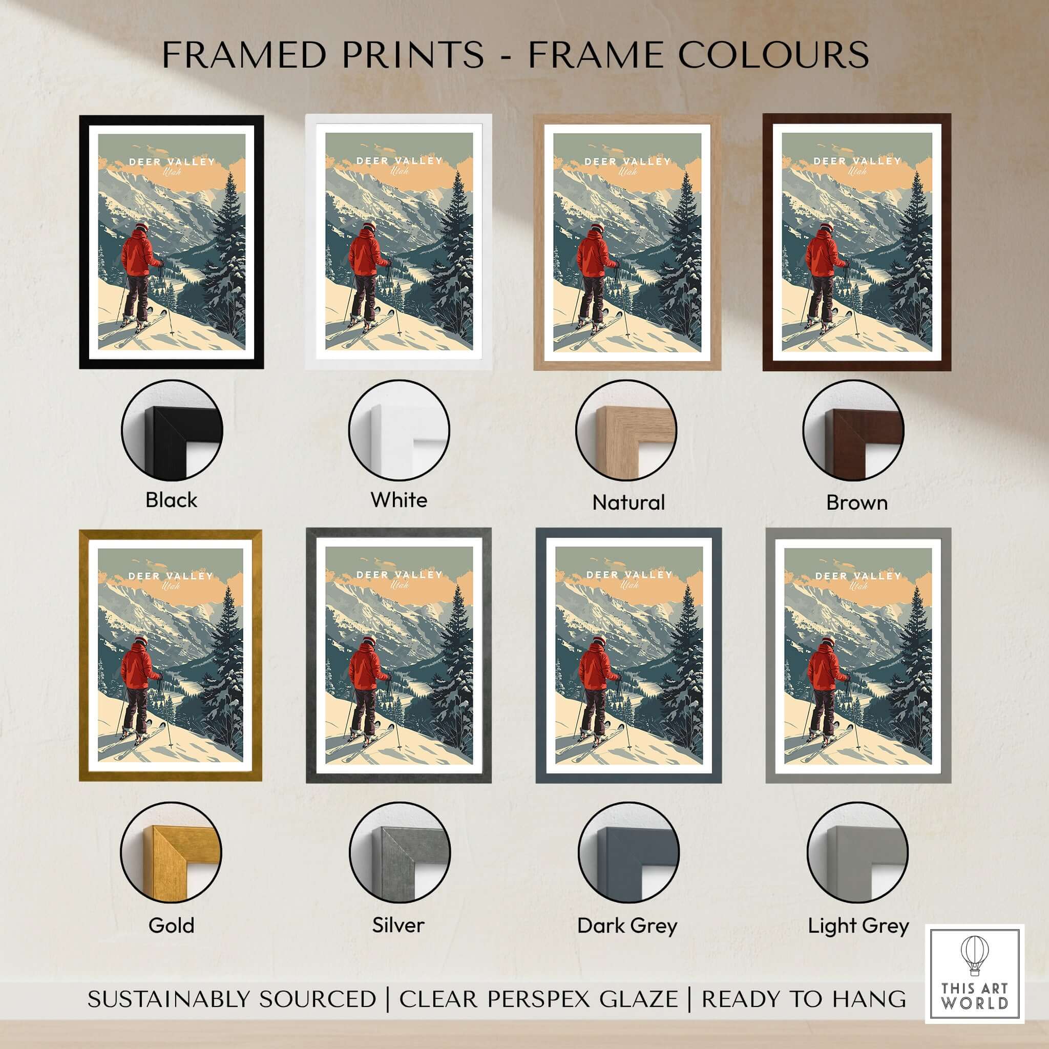 Different frame colors for Deer Valley Print Utah framed artwork including black, white, natural, and more.