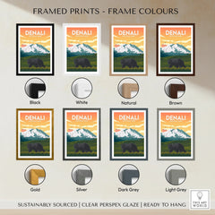 Denali National Park art print framed in black, white, natural, brown, gold, silver, and grey