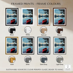 Derwentwater Travel Poster – Lake District Art Print displayed with various frame colors including black, white, natural, brown, gold, and silver.