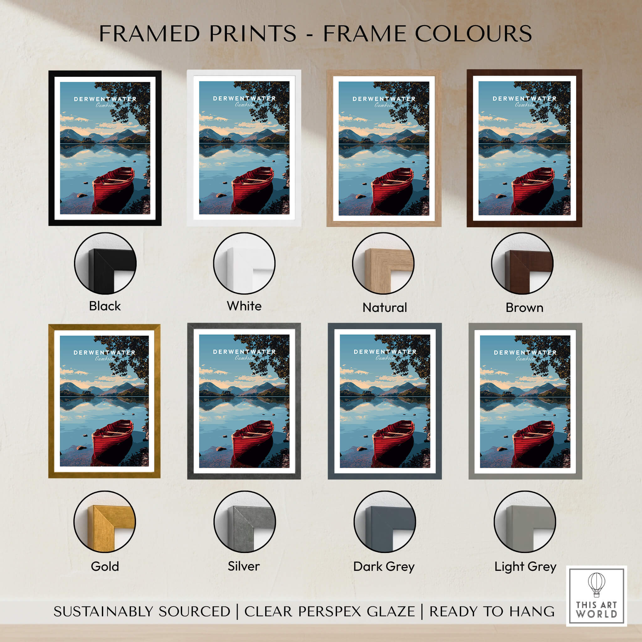 Derwentwater Travel Poster – Lake District Art Print displayed with various frame colors including black, white, natural, brown, gold, and silver.