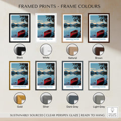 Framed prints including Derwentwater Cumbria Wall Art – Mountain Lake Landscape Print in various frame colors.