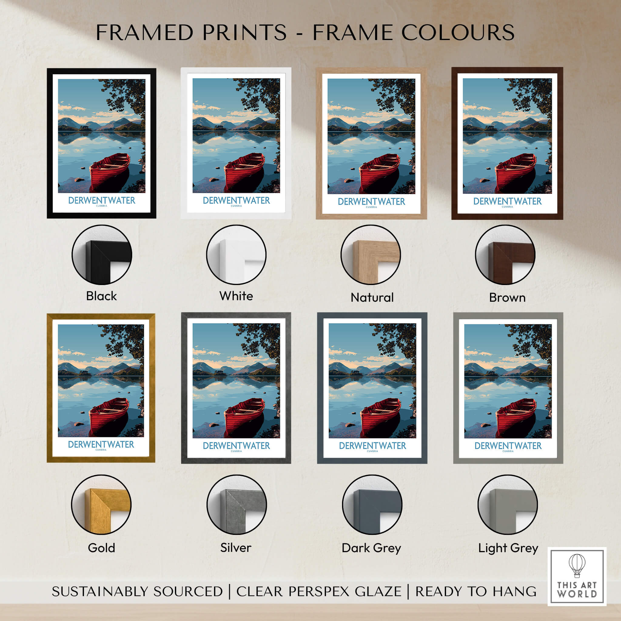 Framed prints including Derwentwater Cumbria Wall Art – Mountain Lake Landscape Print in various frame colors.