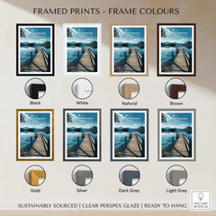 Framed prints of Derwentwater Travel Poster – Lake District Canvas Print in various frame colors.