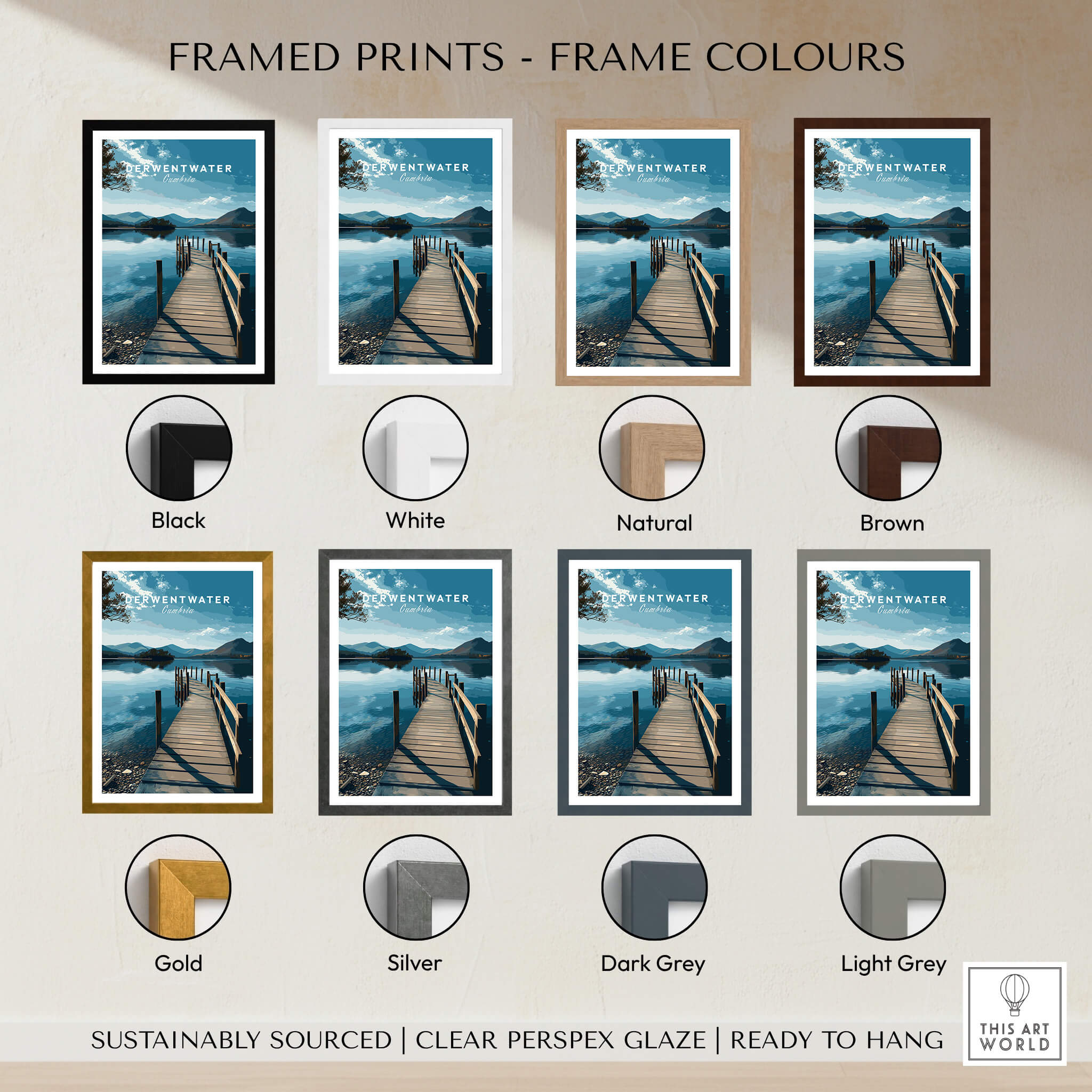 Framed prints of Derwentwater Travel Poster – Lake District Canvas Print in various frame colors.