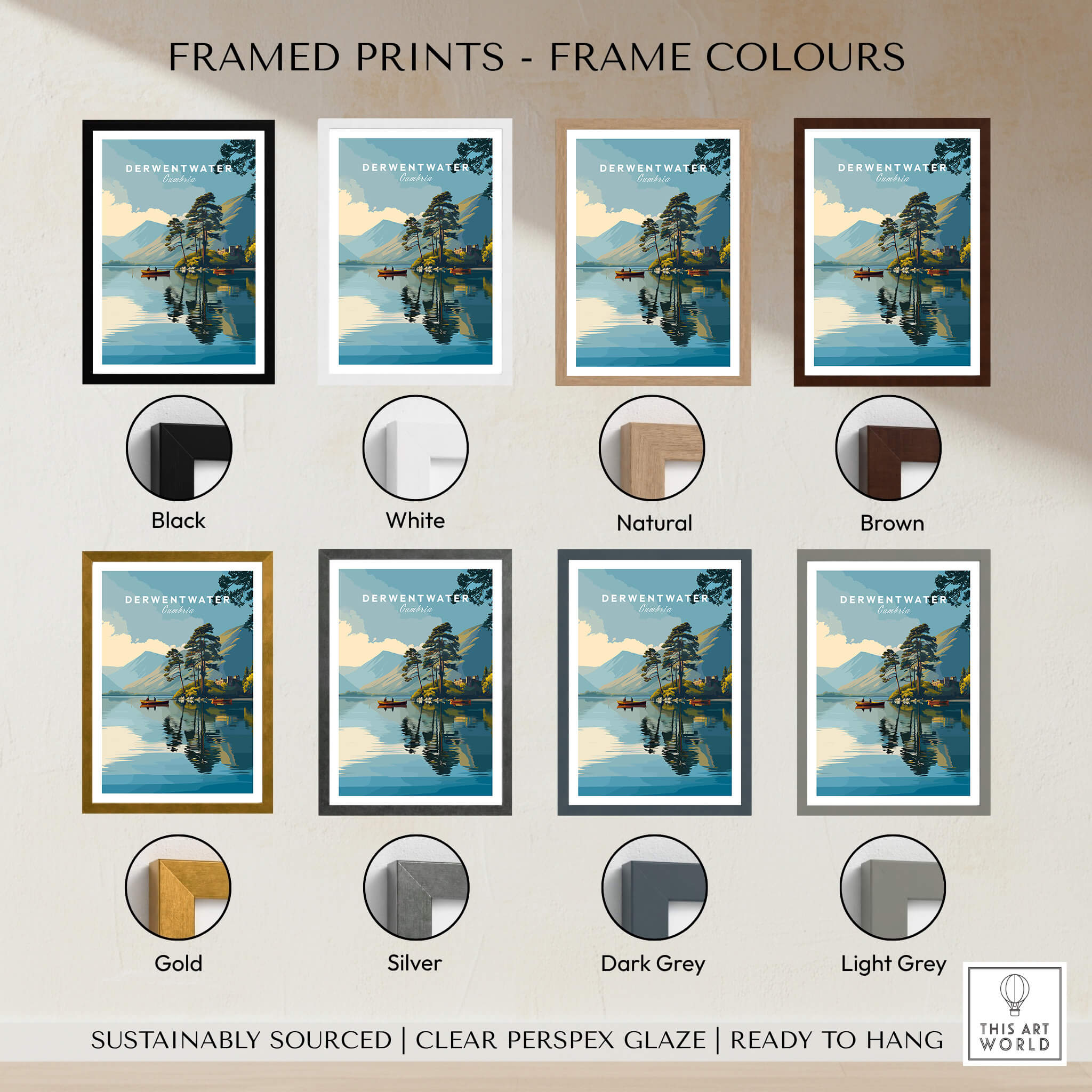 Framed prints showcasing various frame colors for Derwentwater Print – Lake District Sunset Poster.