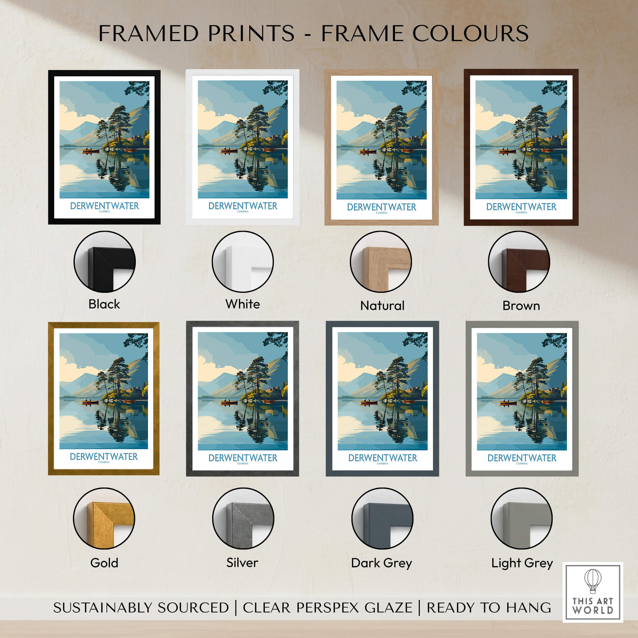 Derwentwater Cumbria Wall Art – Canvas Print framed prints in various colors: black, white, natural, brown, gold, silver, dark grey, light grey.