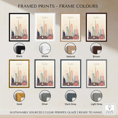 Dubai Wall Art | City Skyline Print available in various frame colors including Black, White, Natural, Brown, Gold, Silver, Dark Grey, Light Grey.