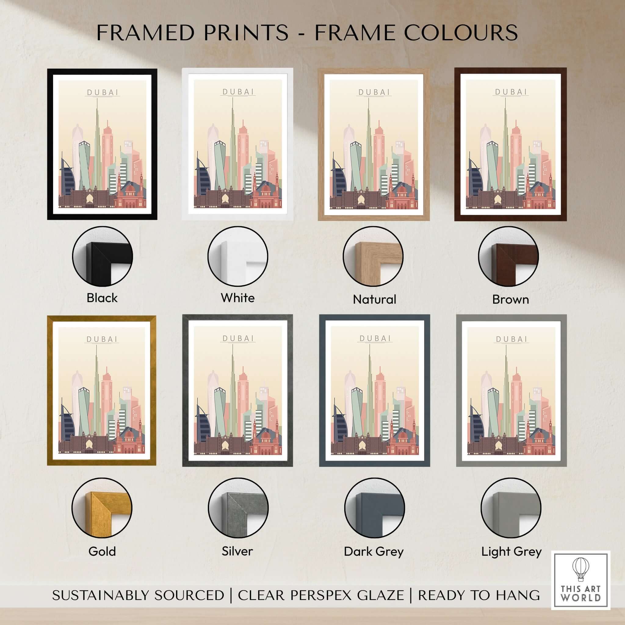 Dubai Wall Art | City Skyline Print available in various frame colors including Black, White, Natural, Brown, Gold, Silver, Dark Grey, Light Grey.