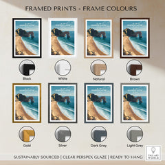 Durdle Door Poster – Jurassic Coast Wall Art showcased in various frame colours including black, white, natural, and brown.