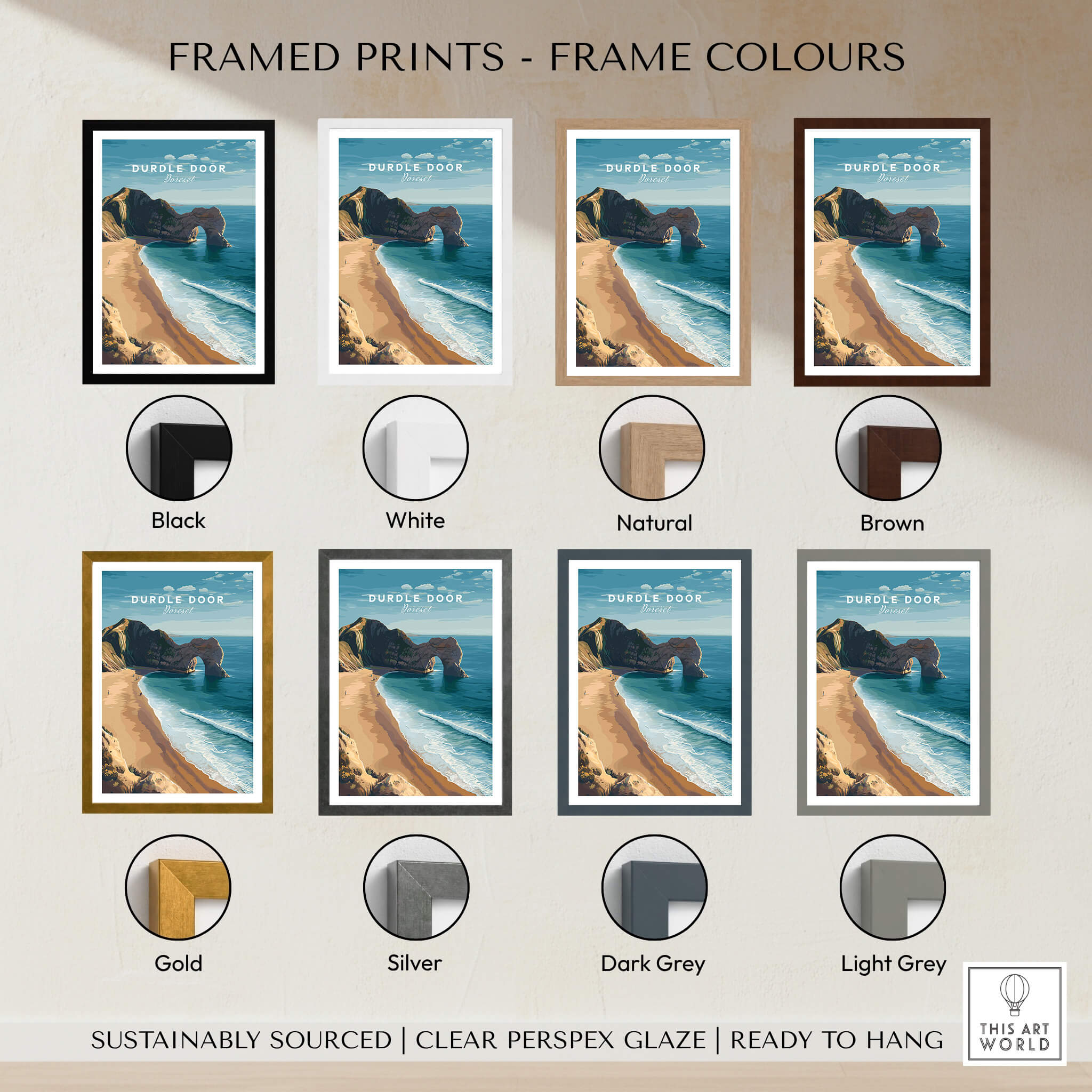 Durdle Door Poster – Jurassic Coast Wall Art showcased in various frame colours including black, white, natural, and brown.