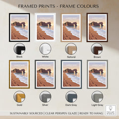 Durdle Door Travel Poster – Jurassic Coast Sunset Art framed prints with various frame colors including black, white, natural, and more.