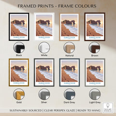 Durdle Door Dorset Wall Art – Canvas Poster shown in various frame colors including black, white, natural, and brown.
