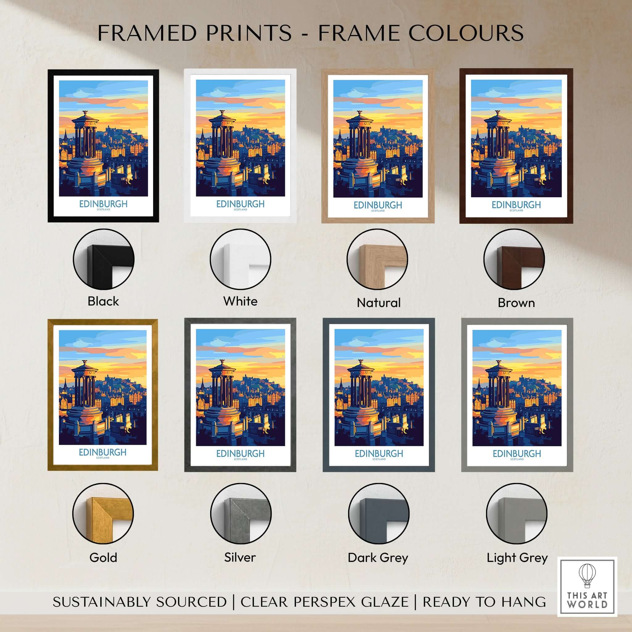 Framed Edinburgh Travel Poster options in various colors including black, white, natural, brown, gold, silver, dark grey, and light grey.