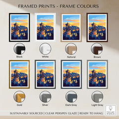 Different frame colors for Edinburgh Travel Print including black, white, natural, brown, gold, silver, dark grey, and light grey.