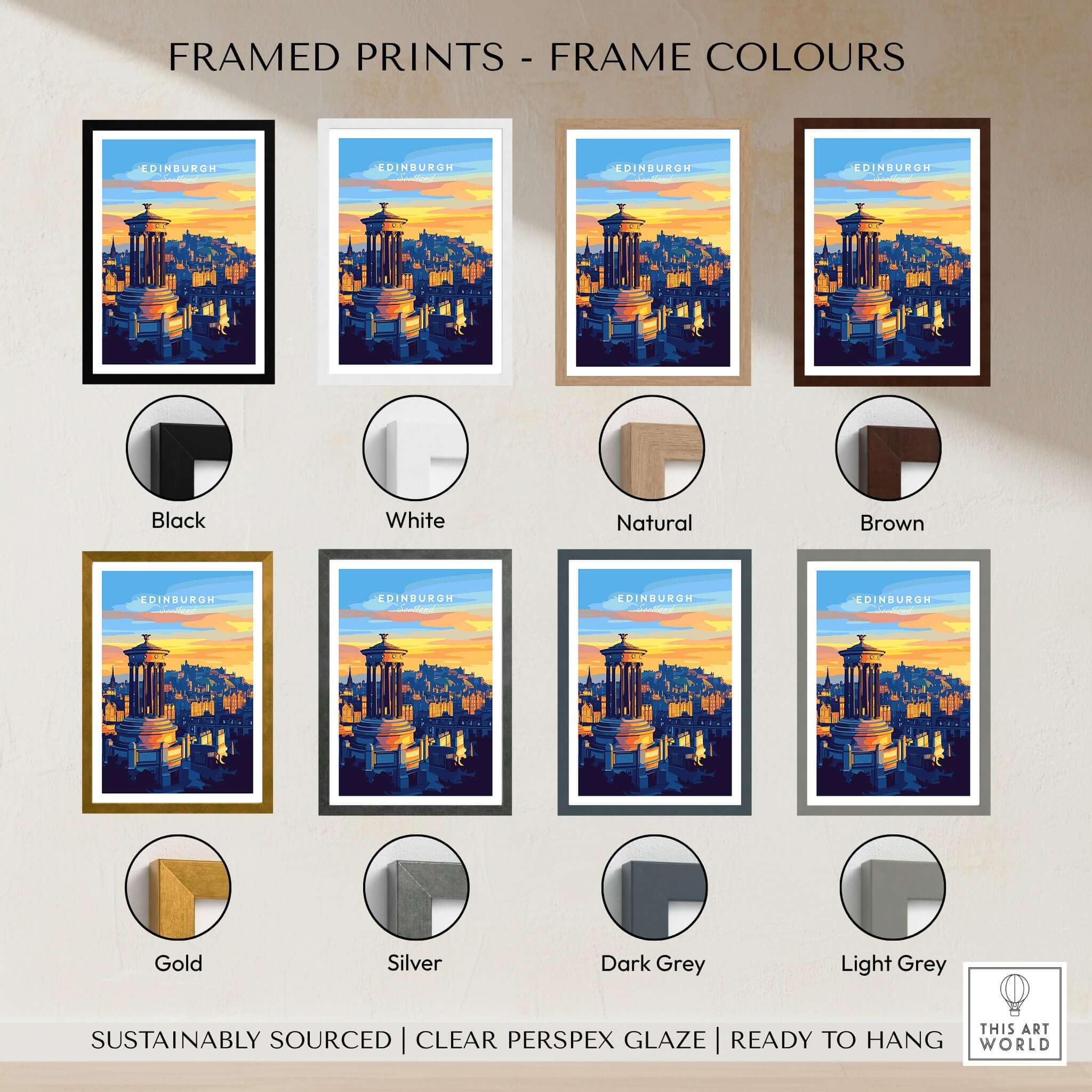 Different frame colors for Edinburgh Travel Print including black, white, natural, brown, gold, silver, dark grey, and light grey.