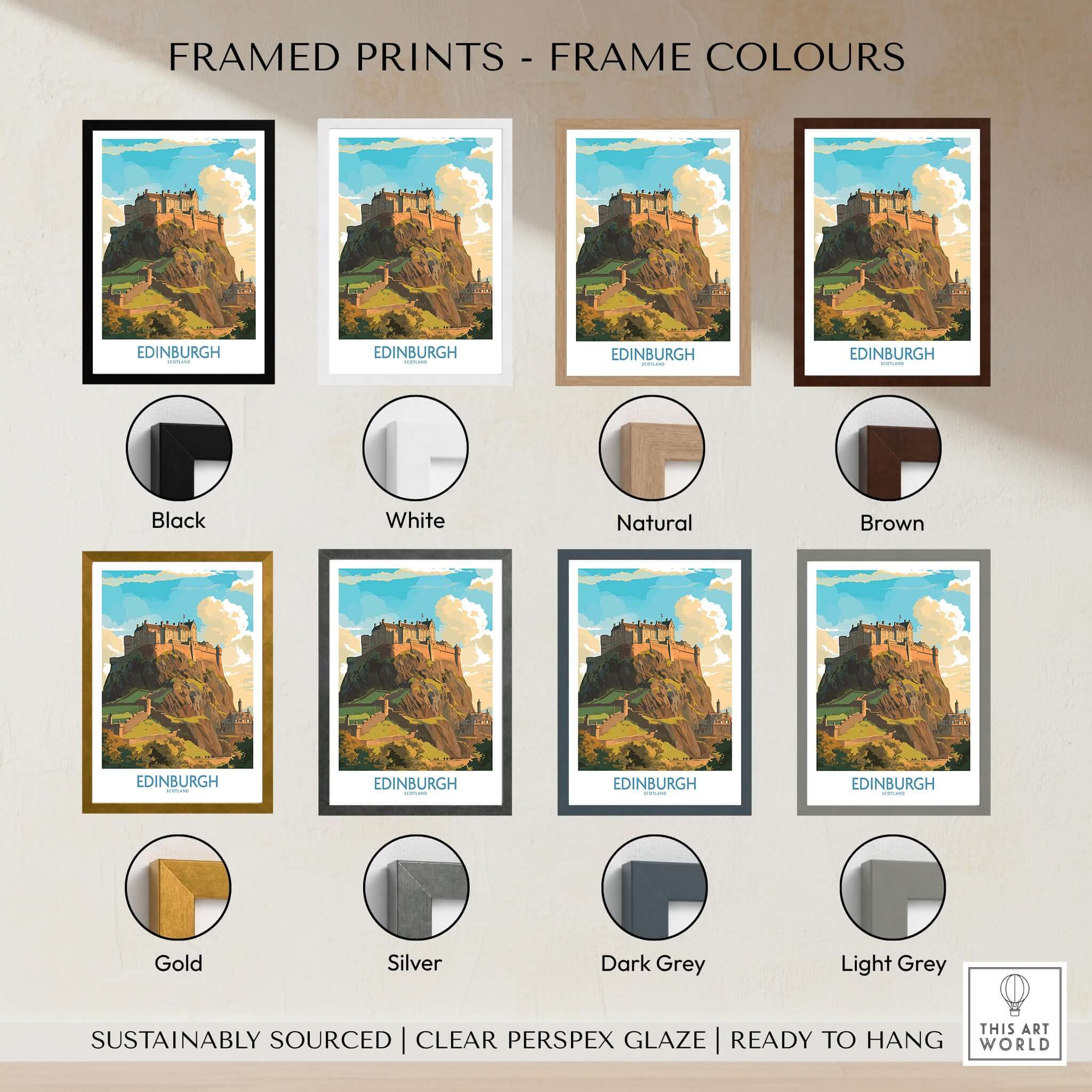 Edinburgh Print | Modern Style framed print options in various colors including black, white, natural, and brown.