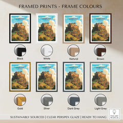 Framed Edinburgh Poster Print options in various frame colors including black, white, natural, brown, gold, and silver.