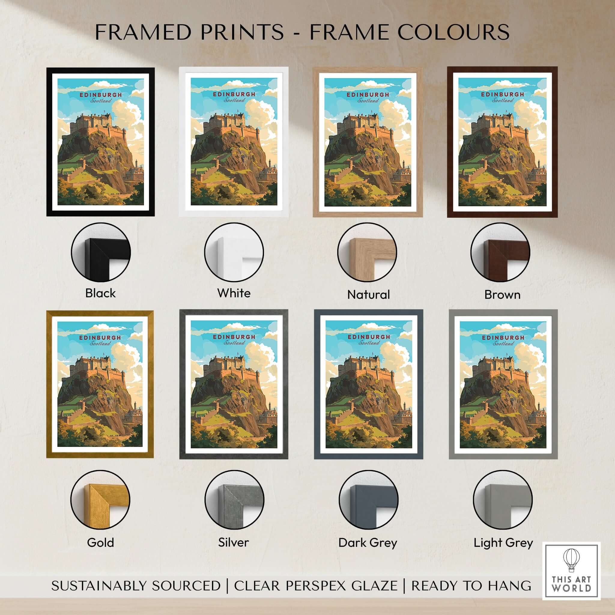 Framed Edinburgh Poster Print options in various frame colors including black, white, natural, brown, gold, and silver.