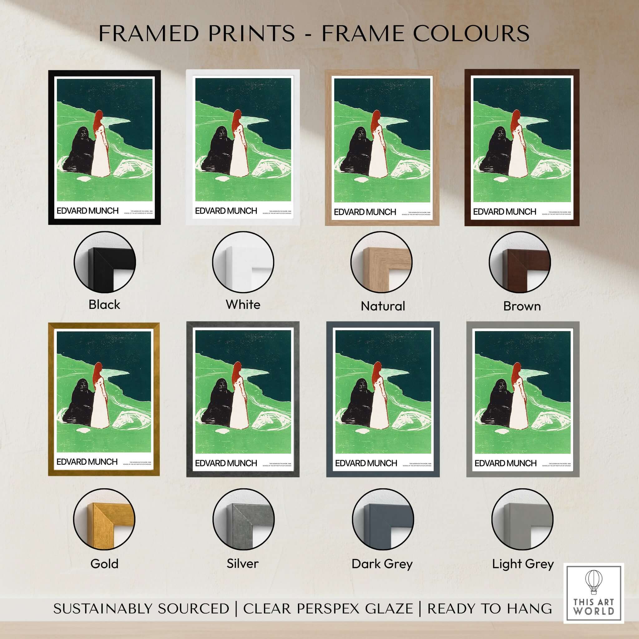 Edvard Munch Art Print - Two Women on the Shore 1898 Woodcut AIC Poster framed in various colors including black, white, natural, and brown.