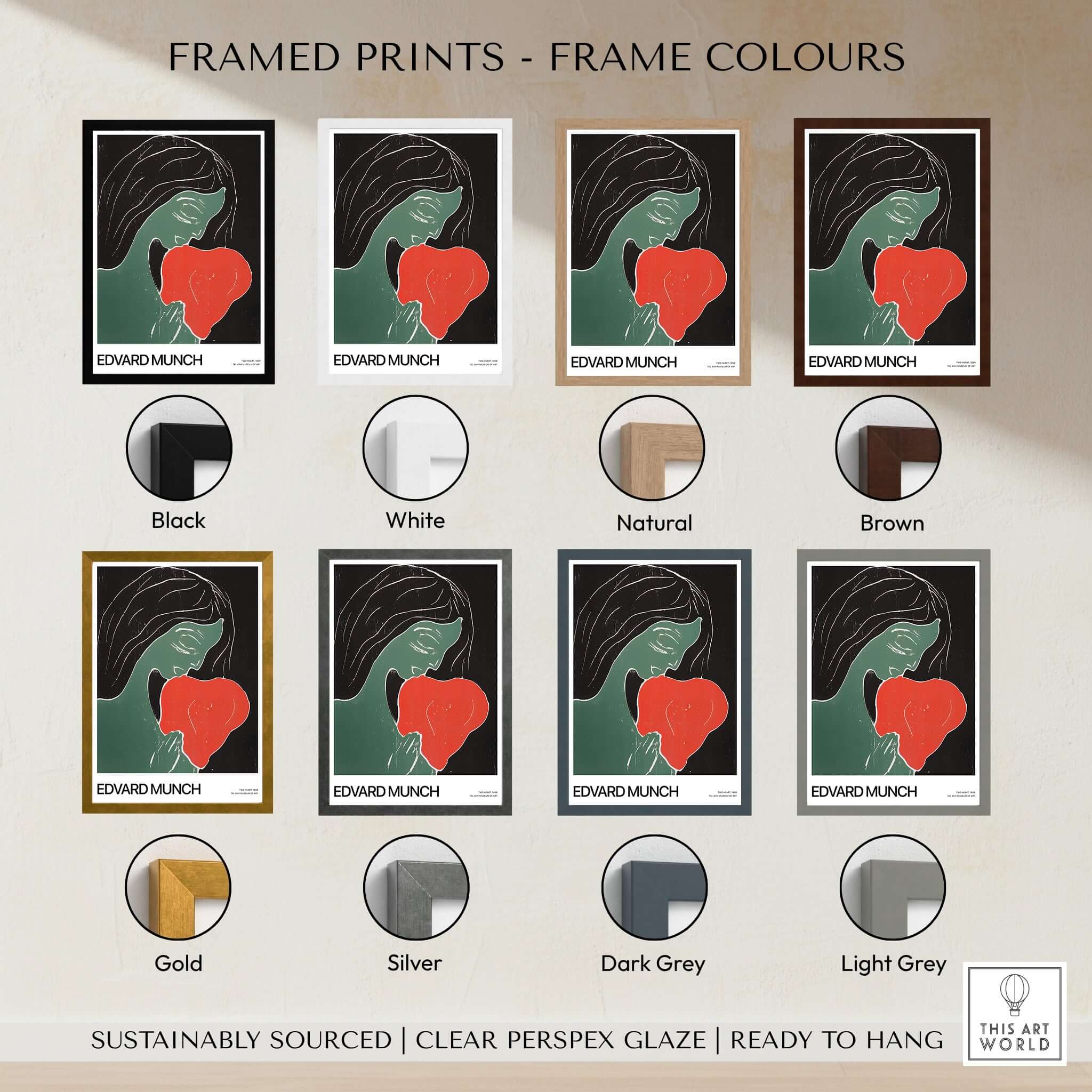 Framed Prints - Frame Colours featuring Edvard Munch Art Print - Edvard Munch Two Heart c1899 Woodcut - Symbolist Love Poster.