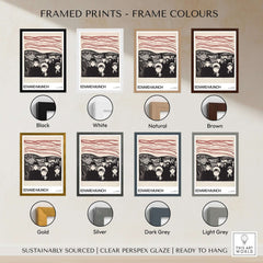 Framed prints showing various frame colors for Edvard Munch Art Print - Anxiety 1896 Expressionist Lithograph MoMA Poster.