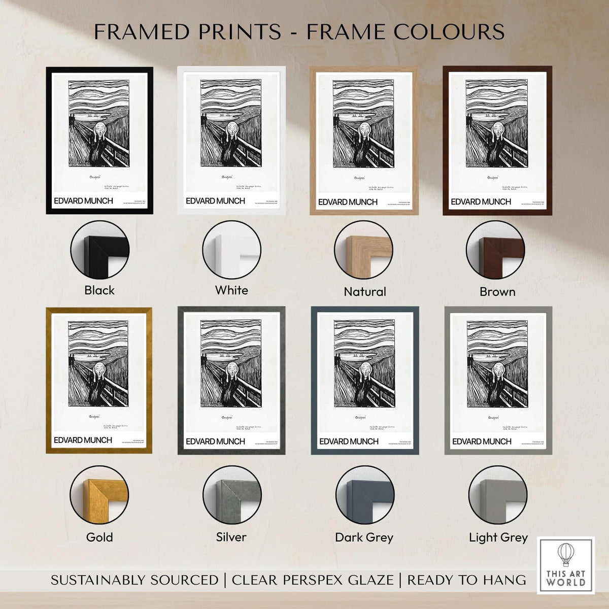 Framed prints of Edvard Munch The Scream 1895 Lithograph Art Print in various frame colors including black, white, natural, and brown.