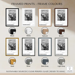 Framed prints of Edvard Munch The Scream 1895 Lithograph Art Print in various frame colors including black, white, natural, and brown.