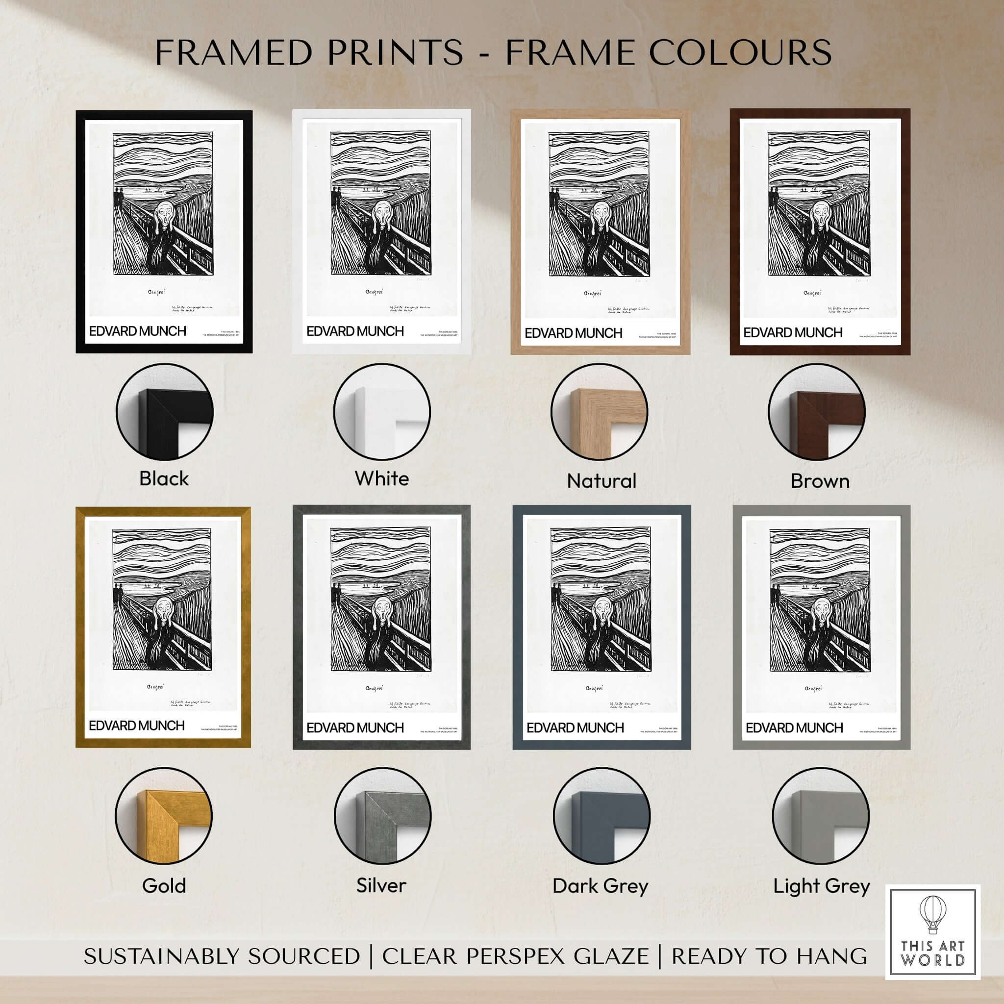 Framed prints of Edvard Munch The Scream 1895 Lithograph Art Print in various frame colors including black, white, natural, and brown.