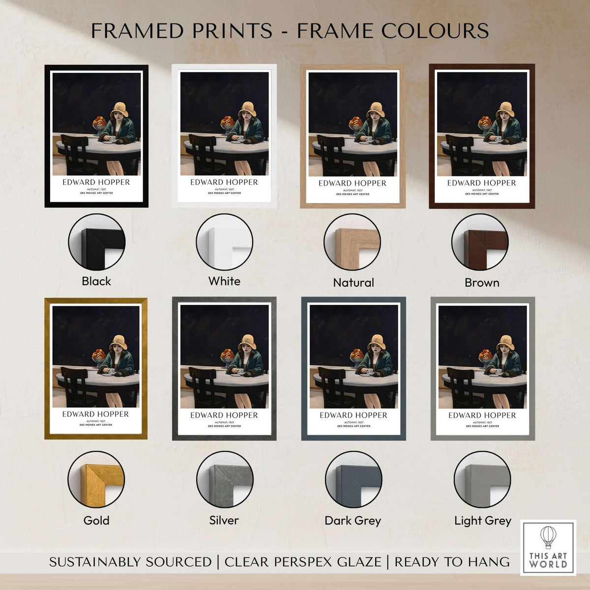 Framed prints of Edward Hopper Automat 1927 in various frame colors including black, white, natural, and brown.