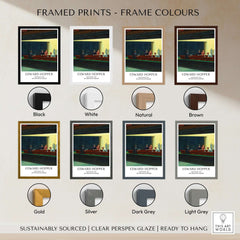 Framed prints of Edward Hopper Nighthawks 1942 in various frame colors including black, white, natural, brown, gold, silver, dark grey, and light grey.