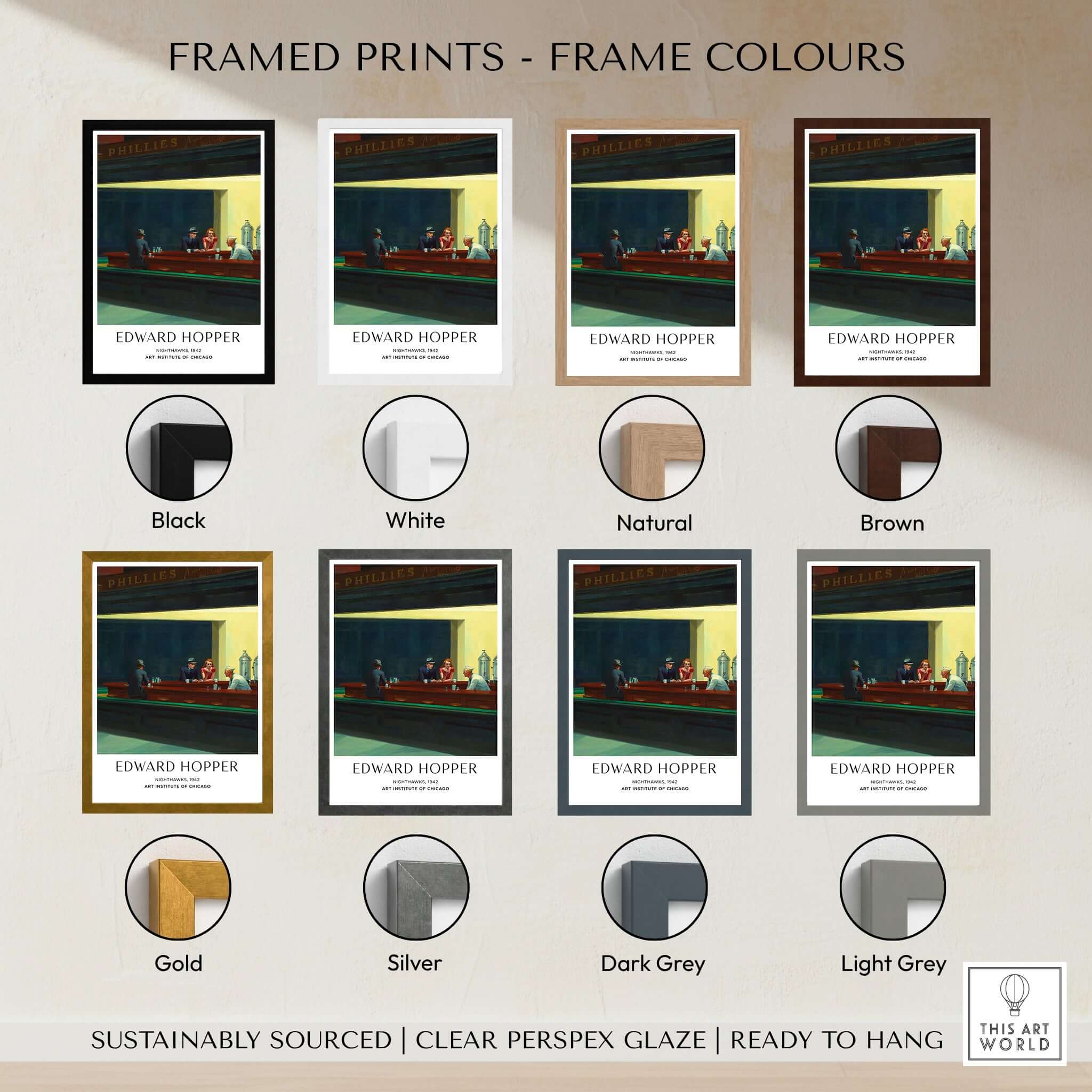 Framed prints of Edward Hopper Nighthawks 1942 in various frame colors including black, white, natural, brown, gold, silver, dark grey, and light grey.