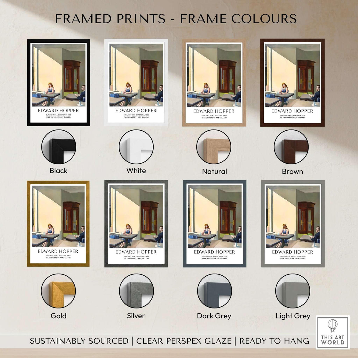 Framed prints of Edward Hopper Sunlight in a Cafeteria 1958 Yale Art Gallery Print in various frame colors.