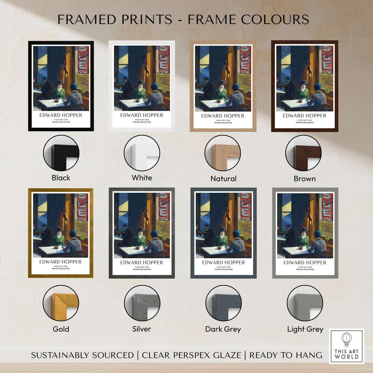 Framed prints showcasing Edward Hopper Chop Suey 1929 Art Print Poster in multiple frame colors including black, white, natural, and more.