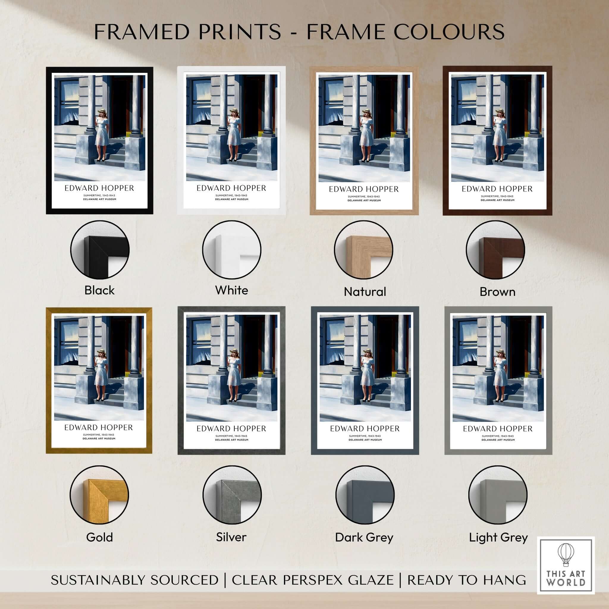 Framed prints of Edward Hopper Summertime 1943 Delaware Art Museum Art Print in various frame colors including black, white, and brown.